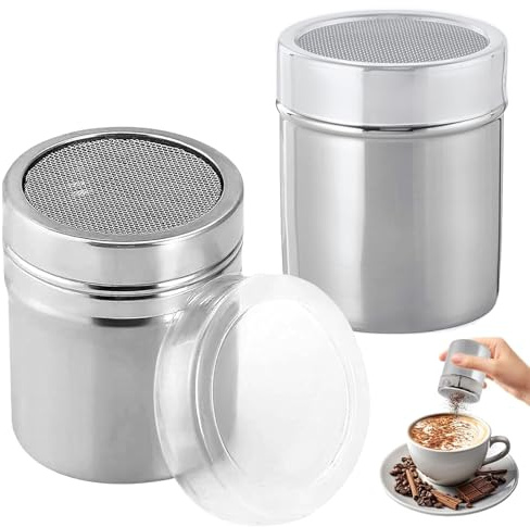 Flour Sugar Salt Shaker - Flour Dredger Griwuut 8X6CM Stainless Steel Powder Dispenser with Lid, Fine Mesh Duster for Kitchen Craft, Icing Sugar, Cocoa & Baking Decoration