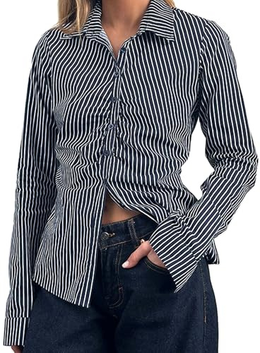 Women Y2K Striped Button Down Shirts Dress Shirts Long Sleeve Gingham Tee Collared Office Work Shirt Blouse Top (F Black, L)
