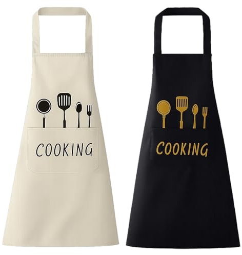 PDirat Kochschürze Damen, 2 Stück Kochschürze für Damen und Herren, Küchenschürze in Schwarz und Weiß, Wasserabweisende Latzschürze,Elegantes Design für Küche und Restaurant