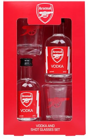 Arsenal F.C. Vodka & Shot Glass Gift Box – 2 x 5cl Miniatures and 2 Branded Glasses – Suitable Gift for Football Fans by Blue Tree Gifts
