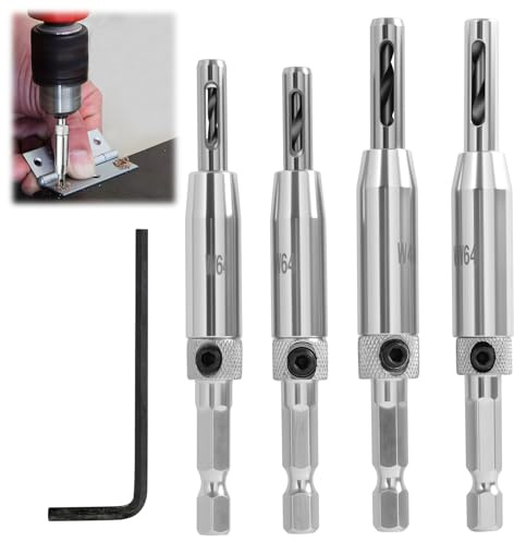 4 Pcs Self Centering Drill Bit, Hinge Drill Bit Set for Woodworking, Precise Pilot Hole Drilling Tool for Timbers Cabinets Furniture, Includes 11/64, 9/64, 7/64, and 5/64 Sizes, Steel Construction