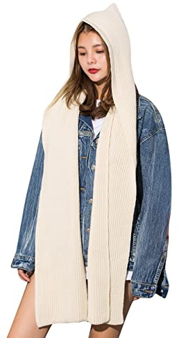 Solides 2-in-1 Strick Kapuzenschal Set Winter Melonenmütze Warme Dicke Zopfmuster Strickaccessoires Dehnbare Sportliche Kopfbedeckung Damen (Beige, One Size)