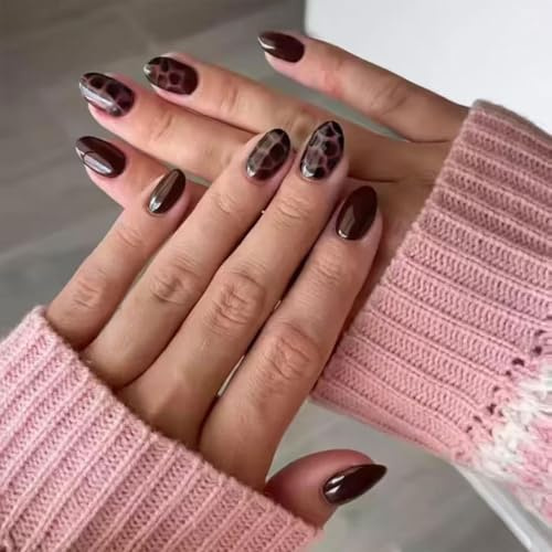 TESGADGETS 24 Pieces Dark Brown Short Oval Artificial Nails with Tortoiseshell Pattern Adhesive Reusable for Manicure Cover