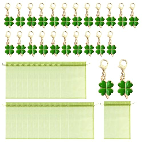 TIHNY Lot de 24 Porte-clés Trèfle à Quatre Feuilles, Pendentifs Trèfle avec Sachets en Organza, Cadeau Porte-bonheur pour Femmes, Collègues, Départ et Enfants