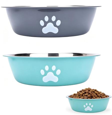 2 Pack Stainless Steel Dog Bowls 860ml – Non Spill Water Bowl for Dogs, Anti Slip Metal Food Bowls for Small Medium Large Puppies, Grey & Green