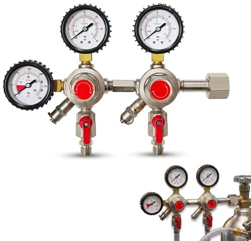 CO2 Druckminderer, Doppel Regler 2-leitig für Bier Zapfanlage Soda Keg, Gasflasche W21.8, 0-6 Bar Einstellbar mit Absperrhahn, Manometer Druckentlastungsventil für Home Brew Heimbrauen