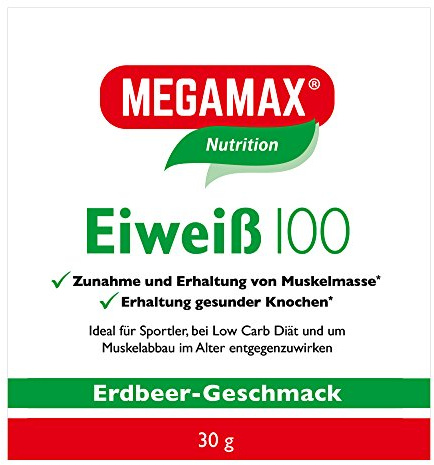 Megamax Eiweiss Erdbeere 30 g Pulver | Molkenprotein + Milcheiweiß Für Muskelaufbau ,Diaet | 2k-Eiweiss ideal zum Backen | hochdosiert Low Carb Eiweiß | aspartamfrei Eiweißpulver mit Aminosäure