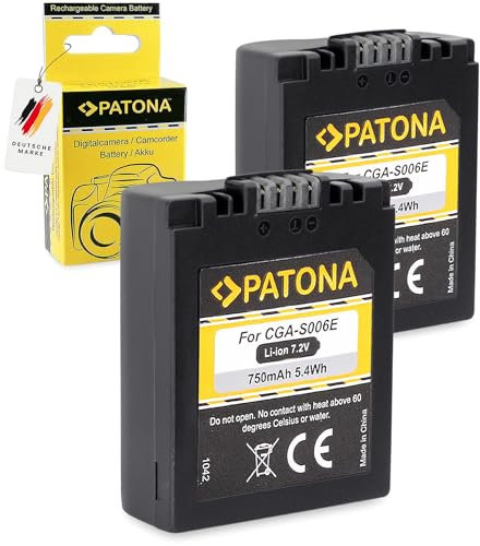 PATONA 2X CGA-S006E Batterie 750mAh Compatible avec Panasonic Lumix DMC-FZ7 FZ8 FZ18 FZ28 FZ30 FZ35 FZ38 FZ50 DMC FZ 7 8 18 28 30 35 38 50 Leica V-Lux Lux 1 CGAS006E CGA CGR S006E S006 E
