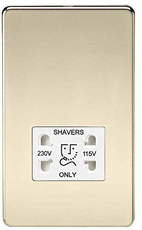 Knightsbridge Screwless Dual Voltage Shaver Socket in Polished Brass with White Insert