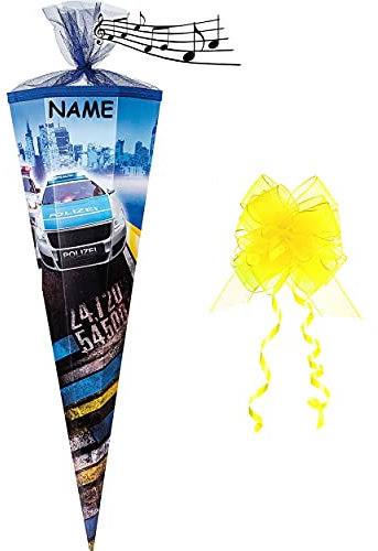 alles-meine.de GmbH mit Sound Effekt ! - Schultüte - Polizei Auto - 85 cm - 12 eckig - incl. Namen und Schleife mit Tüllabschluß - Zuckertüte - mit/ohne Kunststoff Spitze - NES..