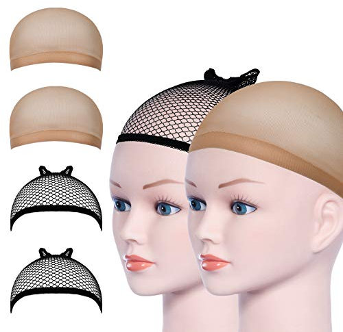 URAQT Haarnetz Wig Cap, Dehnbare Atmungsaktive Perücke Kappen Caps Nylon Haarnetz, Perückekappe Schwarz Mesh und Neutral Nackt Beige, Netz Perückennetz perücken wig zubehör(4pcs)