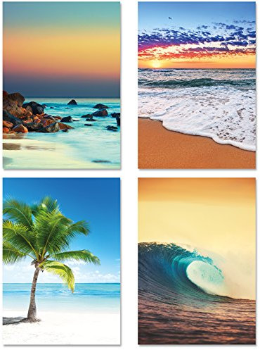 PICSonPAPER Poster 4er-Set TRAUMSTRÄNDE & Meer, ungerahmt DIN A4, Kunstdruck, Poster, Dekoration, Wandbild, Geschenk, Strand, Palme, Meer