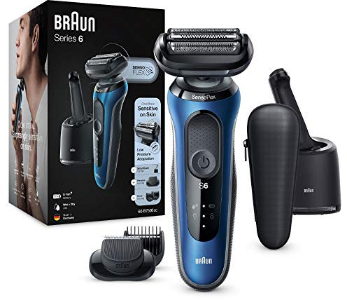 Braun Series 6cc Sensitiver Rasierer Herren, Elektrorasierer mit 3 flexiblen Klingen, Barttrimmer, Reinigungsstation, 50 Min Laufzeit, EasyClick Aufsätze, Wet&Dry, B7500cc, blau