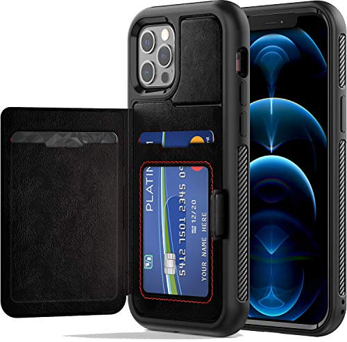 TECHGEAR iPhone 12 Pro Max Case, Tough Armoured Card Wallet 360 Shock Proof Protective Case Cover with Card Slots Wallet & Stand Compatible with iPhone 12 Pro Max 6.7 - Black