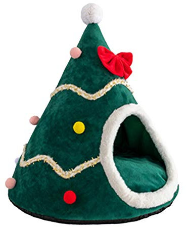 Myya Tente en forme de sapin de Noël pour animal domestique - Litière pour chat et chien - Lit d'hiver chaud - Tapis de litière pour chat et chien - Niche lavable