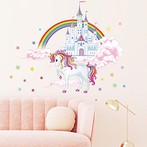 COVPAW® Wandtattoo Wandaufkleber Einhorn Prinzessin Schloss Burg Regenbogen Baby Wandsticker Wandbild Bilder Babyzimmer Schlafzimmer Spielraum Deco Kind Mädchen