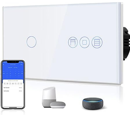 BSEED Interruptor Persiana WiFi,interruptores tactil empotrado,Inteligente Control de Porcentaje,Panel de Cristal,Control Remoto,Requiere Cable Neutro,1 Gang 1 Vía + Persiana,157mm Blanco