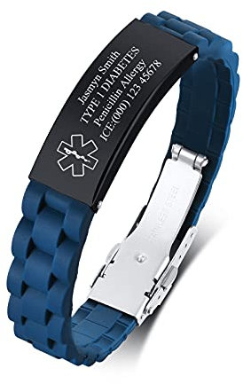 Personalisierte Silikon medizinische Alarm Armband,maßgeschneiderte Silikon Sport Armband Notfall ID Armbänder für Herren Teens Jungen,medizinische ID SOS im Freien täglich Armband einstellbar