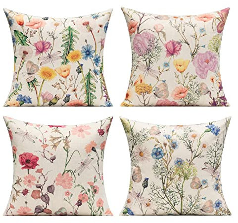 VAKADO Kissenbezüge Kissen 45x45cm Draußen Frühlingsblume Bunt Schmetterling Blatt Kissenhülle Outdoor Kissen Libelle Dekorations Home Decor für Balkon Car Patio Couch Sofa Schlafzimmer 4er Set