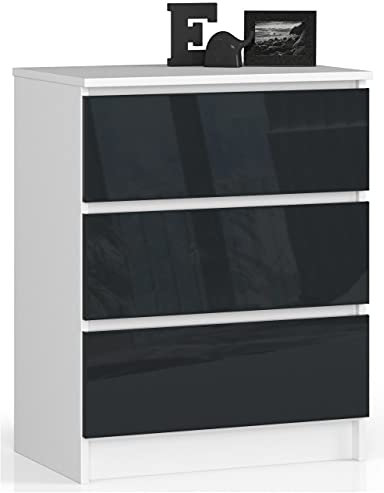 AKORD Kommode K60 mit 3 Schubladen | für das Wohnzimmer Schlafzimmer Schrank Büro Arbeitszimmer | Modernes Funktionales Design | B60 x H77 x T40 cm, Gewicht 25 kgWeiß/Graphit Glänzend