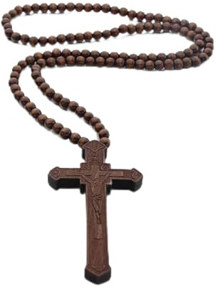 FORUBUS Halskette mit Kreuz-Anhänger aus Holz – Holzperlen, Religions-Halskette für Damen, Herren, Gläubige, Gebet, Taufe, Schmuck, Holz, Metall