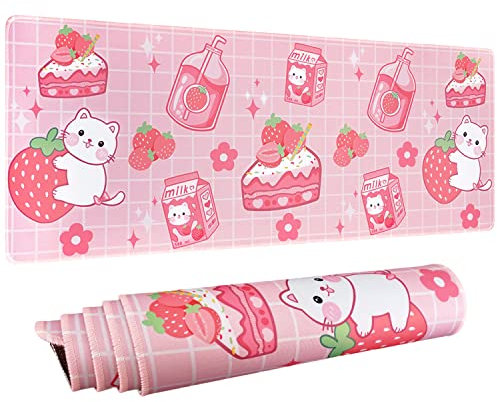 Kawaii Gaming Mauspad für Schreibtisch, erweiterte große Katze Erdbeermilch Mauspad, rosa Mauspad XL, niedliches Mauspad Anime, langes großes Mauspad, Kawaii Erdbeere Dekor Stuff Zubehör, 80 x 30 cm