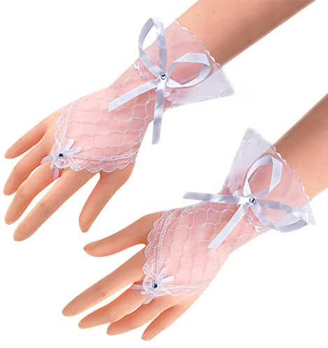 ihreesy Kurz Spitze Brauthandschuhe, Damen Fingerlose Spitzenhandschuhe Hochzeitshandschuhe mit Strass Mesh Braut Handschuhe Sommer Handgelenk Hochzeithandschuhe für Frauen Mädchen,Weiß