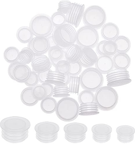 GORGECRAFT 5 Size 50PCS Salt and Pepper Shaker Stoppers Plastic Salt Shaker Plug Stopper 1/2 to 57/64 Inch Replacement Plug Bottle Caps Reusable Clear Round End Cap for Bottles Pipes Flower Pots