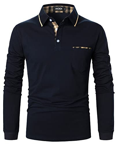 AIOIDI Baumwolle Herren Plaid Poloshirt Langarm Basic Tennis Polohemd Polo A-Blau M