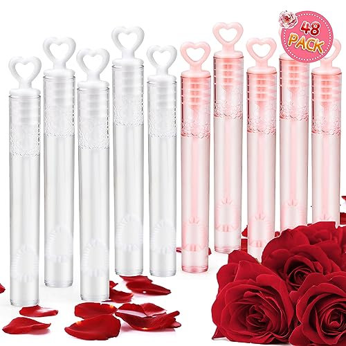 Fegalop Wedding Bubble Wands, 48 Pack Mini Heart Wand Bubbles Party Favors for Weddings and Anniversaries Wonderful Wedding Bubble Maker Bubble Toys for Kids Boys Girls(White &Pink)
