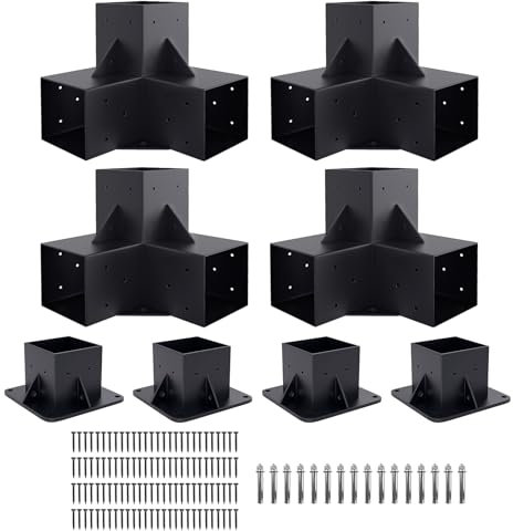 Neorexon Pergola Kit Elevated Wood Stand Kit Woodwork for 4 x 4 (Actual 3.6 X 3.6 inch), Wooden Gazebo Kit for Outdoor 3 Way Right Angle Corner Bracket and Base Bracket