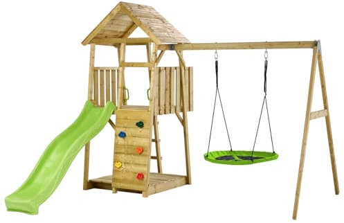 Kangui Aire de Jeux portique en Bois WOODI - Double balançoire et nid Ø100cm, Toboggan, Mur d'escalade, bac a Sable, cabane, échelle