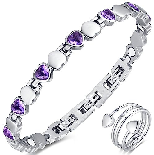 Vicmag Magnetarmband Damen Titanstahl Ultral-Festigkeit magnetisch Armband Geschenk mit Entfernungswerkzeug (Lila Kristall + solides Herz)