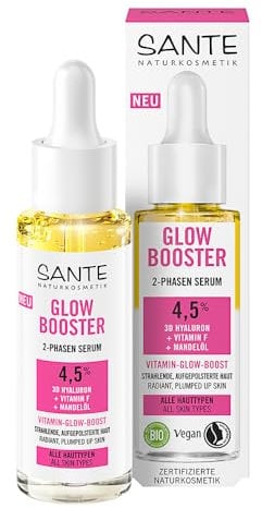 SANTE Naturkosmetik Glow Booster 2-Phasen Serum mit 3D Hyaluron, Vitamin F & Mandelöl, pflegendes Gesichtsserum für lebendig frische und strahlende Haut, natürlicher Glow, 30ml