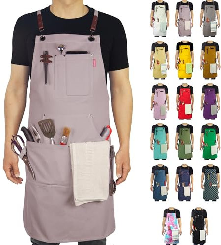 Stenffy Kitchen Apron, Work Apron, Multiple Pockets for Gardening, Artist, Painting, BBQ, Carpenter, Sizes M to XXL, Grey