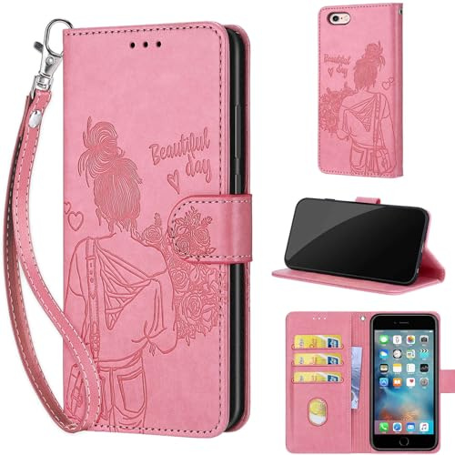 TOMYOU Wallet for iPhone 6 / 6S Case, Pink Girl | Embossed PU Leather, Folio Flip Notebook Wallet, Magnet Closure, Kickstand, 3 Card Slots, Wrist Strap Lanyard