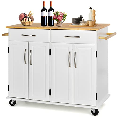 COSTWAY Carro Rodante para Isla de Cocina con Encimera de Madera, Carro Utilitario de Comedor de 4 Puertas con Estantes Ajustables, 2 Cajones Grandes, Toallero, Gabinete con Ruedas (Blanco)