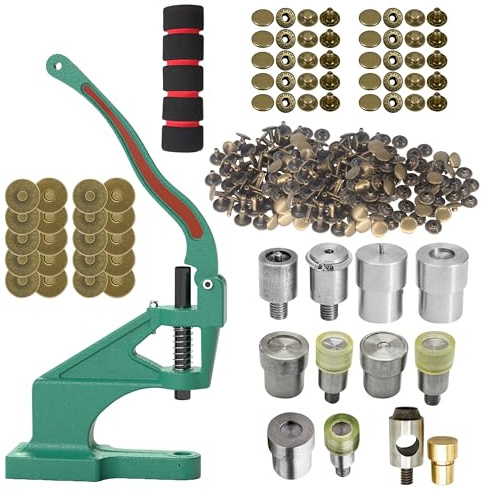 WedDecor Handbag & Purse Making Starter Set – Green Machine Hand Press with Tubular Rivets Caps, Magnetic Snap Clasps, Press Stud Buttons & Magnetic Clasp, Fixing Die Sets, Bronze | Green Machine Hand Press with Tubular Rivets Caps, Magnetic Snap Clasps, Press Stud Buttons & Magnetic Clasp, Fixing Die Sets