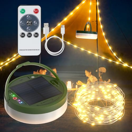 SoulBay Camping Lichterkette, 10m Langen Solar USB Aufladbar Campinglampe mit 5 Beleuchtungsmodi, Camping Zubehör Wasserdichte mit Fernbedienung für Outdoor Garten Balkon Zimmer Deko