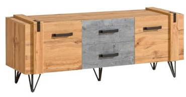 MINIO go for it - TV Lowboard 135 cm Milenium, TV Bank mit 2 Türig, Modern TV Unterschrank, TV Sideboard Wohnzimmer, TV Tisch für Wohnzimmer, TV Kommode - Farbe Wotan Eiche/Beton Milenium