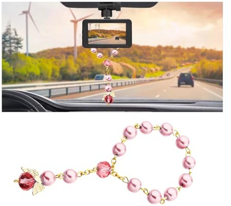 JNNJ Auto Rosenkranz Für Rückspiegel, Auto-Rosenkranz Für Den Rückspiegel Hängende Auto-Anhänger Für Den Rückspiegel, Perlen Rosenkranz Armband Auto Hängend Zubehör Innenraumdekoration(Rosa+Gold)