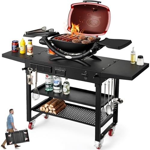 Tragbarer Outdoor-Grilltisch mit 3 Ebenen, 263 kg, zusammenklappbarer Grillwagen aus 5752 gehärtetem Stahl, Doppeltischblatt, 137,2 cm B x 43,2 cm D, Camping-Grillständer mit Rädern, passend für 43,2