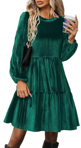 Zeagoo Festlich Kleid Damen Rundhals Langarm Samtkleider Elegant High Waist Freizeitkleid Winter Glitzer Kleider mit Taschen Grün XXL