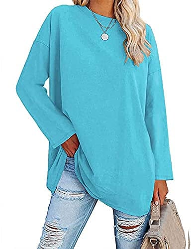 Famulily Womens Casual Long Sleeve Loose Tee Tops Ladies Round Neck Comfy T Shirt Baseball Tops (XL, Sky Blue)