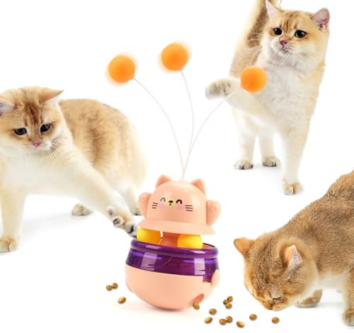 Joyfia Cats Teaser Toys, 3-in-1 Interactive Kitten Wand Toy, Self Play Stick Toy for Home Alone, Slow Feeding Dispenser, Rotating Track Balls, Indoor Exercise Cat Tumbler, Stimulating Boredom