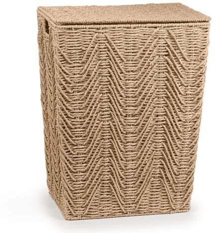 Woodluv Laundry Basket with Lid, Woven Storage Basket, Laundry Hamper Bin Storage Organiser, Washing Basket for Dirty Clothes Bathroom, Medium - Khaki