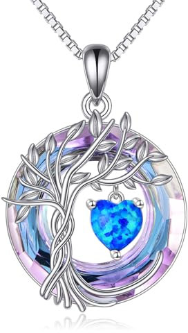 Tree of Life Birthstone Necklace for Women 925 Sterling Silver Tree of Life Jewelry Blue Opal Pendant October Birthstone Gemstone with Crystal Anniversary Birthday Christmas Gifts for Mother