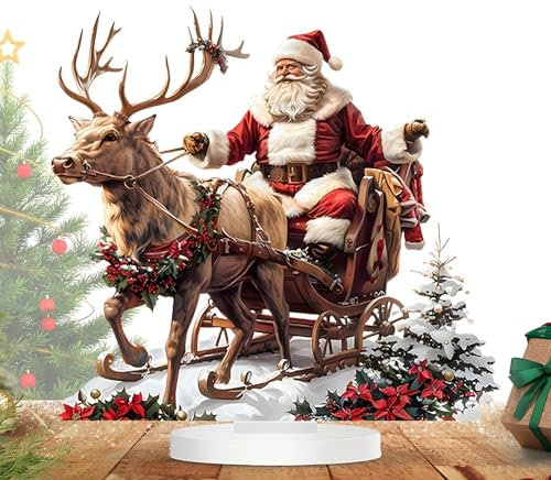 Aizuoni Weihnachtsmann Mit Schlitten,Rentier-Schlitten, Weihnachtsmann, Sammlerstück, Miniatur, Weihnachts-Rentier-Schlitten, Weihnachtsmann-Dekoration - 2D-Acryl-Weihnachtsmann Auf Schlitten Mit