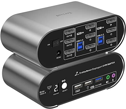 DP 1.4 Triple Monitor KVM Switch 2K240Hz, 4K120Hz, Audio Microphone hotkey with Cables