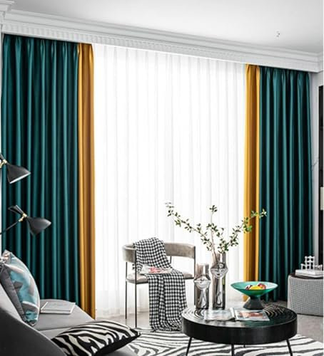Wycian Kurze Gardinen mit Schlaufen Vorhänge Kurz Verdunkelung Dunkelgrün Gelb 2er Pack Zweifarbiges Patchwork H115 x B132 cm (2er Pack) Polyester